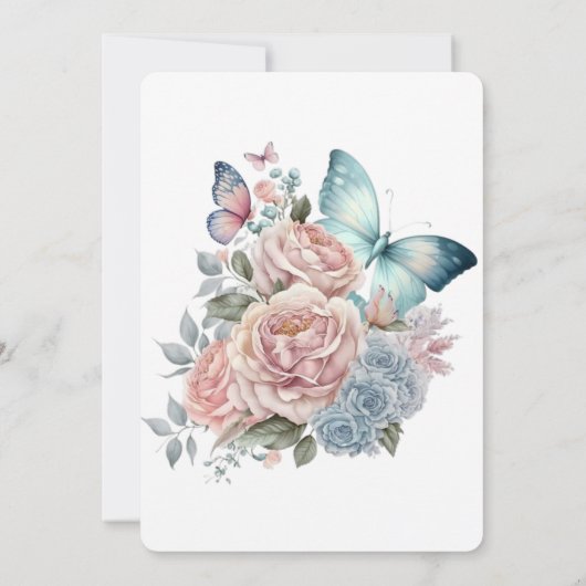 Roze Pioen Stoffig Blauw Vlinder Verlovingsfeest Kaart (Achterkant)