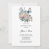 Roze Pioen Stoffig Blauw Vlinder Verlovingsfeest Kaart (Voorkant)