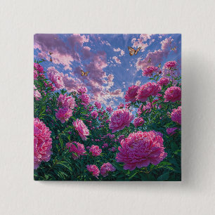 Roze Pioen Tuinkunst met Vlinders Vierkante Button 5,1 Cm