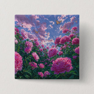 Roze Pioen Tuinkunst met Vlinders Vierkante Button 5,1 Cm