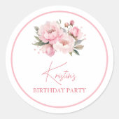 Roze Pioen Verjaardag Ronde Sticker (Voorkant)
