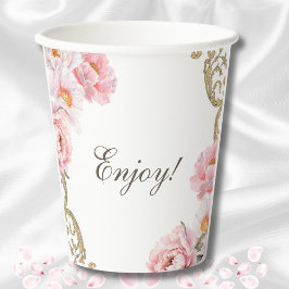 Roze Pioen Vintage Bloemige Bruidsdouche Papieren Bekers