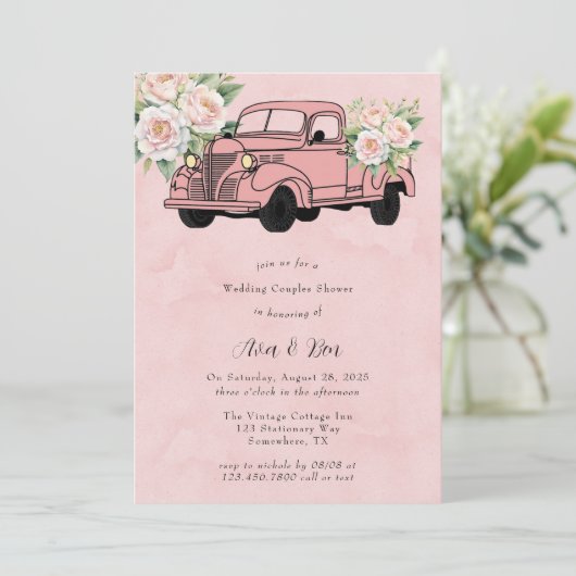 Roze Pioen  Vrachtwagen Bruiloft Koppels Douche Kaart (Staand voorkant)