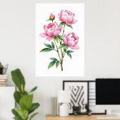 Roze Pioen Watercolor Print Botanisch (Thuiskantoor)