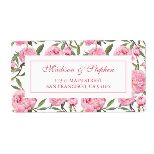 Roze Pioen Waterverf Bloemen - Bruiloft Etiket (Voorkant)