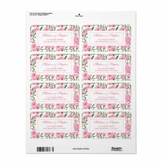Roze Pioen Waterverf Bloemen - Bruiloft Etiket (Full Sheet)