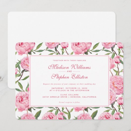 Roze Pioen Waterverf Bloemen - Bruiloft Kaart (Voorkant / Achterkant)