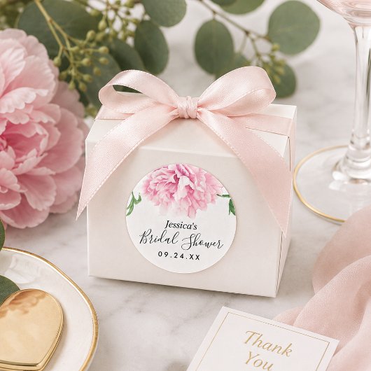 Roze Pioen Waterverf Bruidsdouche Ronde Sticker