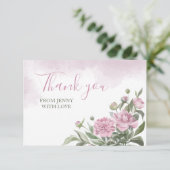Roze Pioen Waterverf Loof Bedankkaart (Staand voorkant)