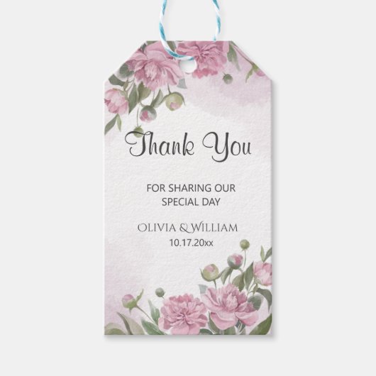 Roze Pioen Waterverf Trouw   Cadeaulabel (Voorkant)