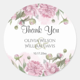 Roze Pioen Waterverf Trouw  Ronde Sticker
