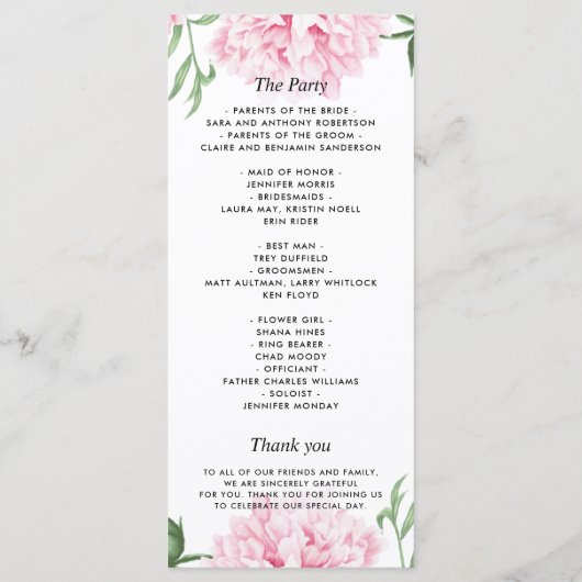 Roze Pioen Waterverf Trouwprogramma Menu (Achterkant)