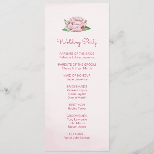 Roze Pioen Waterverf Trouwprogramma's Programmakaart (Achterkant)