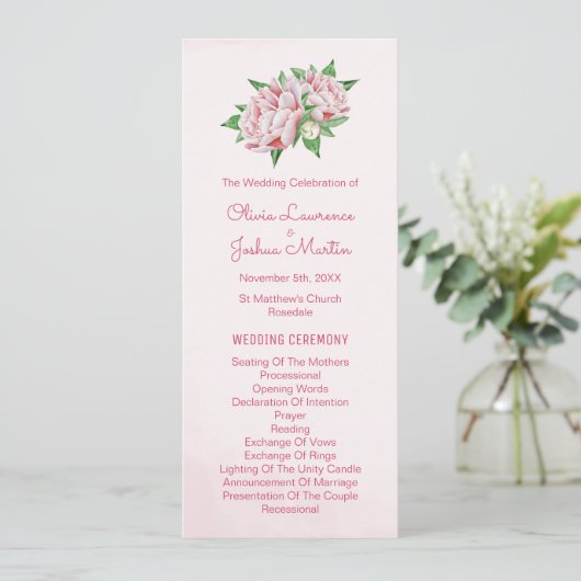 Roze Pioen Waterverf Trouwprogramma's Programmakaart (Staand voorkant)