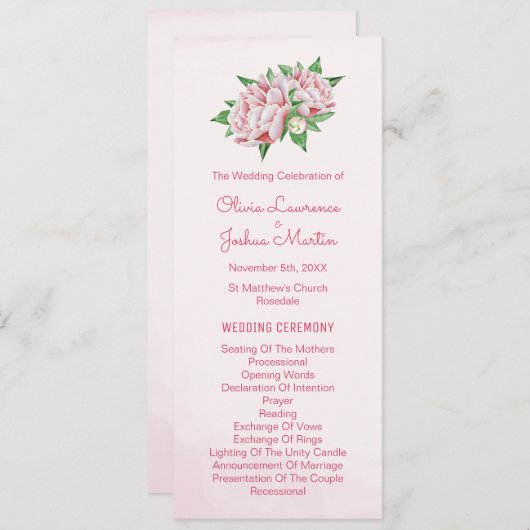 Roze Pioen Waterverf Trouwprogramma's Programmakaart (Voorkant / Achterkant)