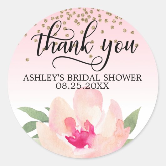 Roze Pioen Waterverf Vrijgezellenfeest Dank u Ronde Sticker (Voorkant)