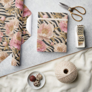 Roze Pioen Zebra Goud Elegant Cadeaupapier