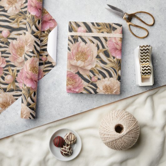 Roze Pioen Zebra Goud Elegant Cadeaupapier (Crafts)