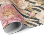 Roze Pioen Zebra Goud Elegant Cadeaupapier (Rol Hoek)