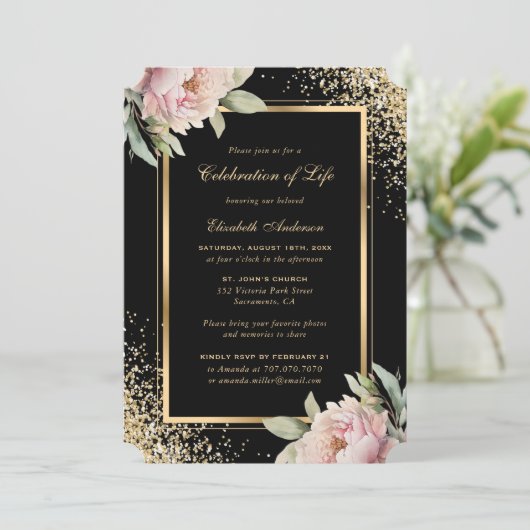 Roze Pioen Zwart Goud Foto Viering van het Leven Kaart (Staand voorkant)
