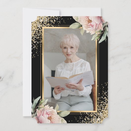 Roze Pioen Zwart Goud Foto Viering van het Leven Kaart (Achterkant)