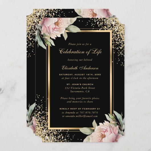 Roze Pioen Zwart Goud Foto Viering van het Leven Kaart (Voorkant / Achterkant)