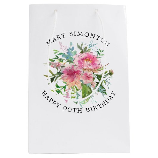  Roze Pioenbloem 90ste Verjaardag Medium Cadeauzakje (Voorkant)
