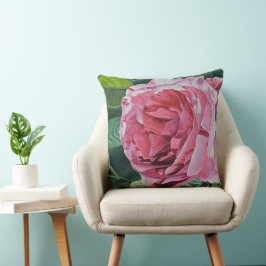 Roze Pioenbloem met groene bladeren, Groot Kussen