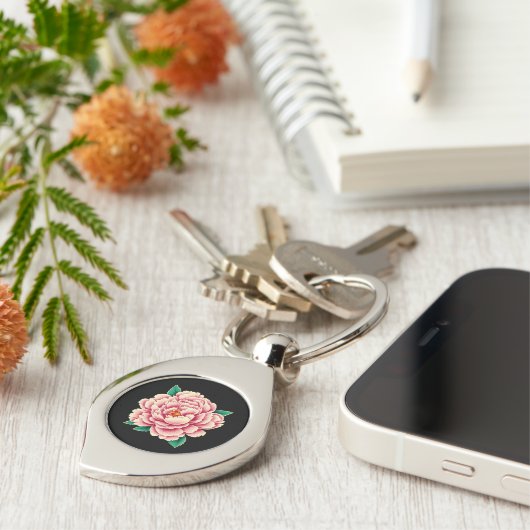  roze pioenbloem sleutelhanger (Zijkant)