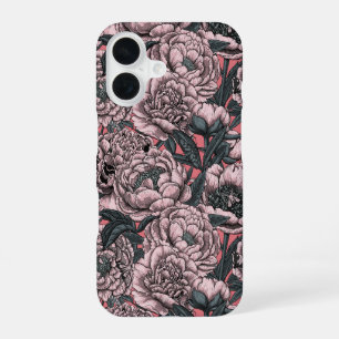 Roze pioenbloemen en motten iPhone 16 hoesje