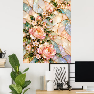 Roze Pioenbloemen met Blauwe Moeder van Parel Flor Poster