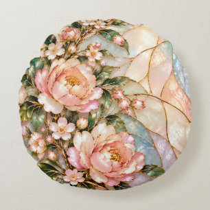 Roze Pioenbloemen met Blauwe Moeder van Parel Flor Rond Kussen