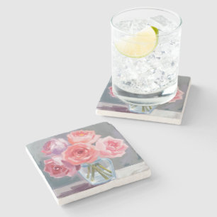 Roze Pioenboeket Bloemige Aquarel Schildering Stenen Onderzetter