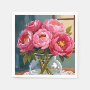 Roze Pioenboeket Waterverf Bloemschilderij Servet