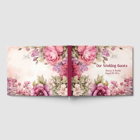 Roze Pioenen Asters Bloemen Huwelijk Gastenboek (Volledig)