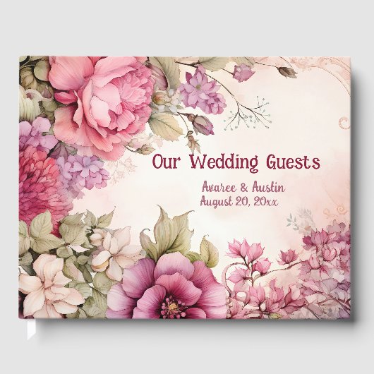 Roze Pioenen Asters Bloemen Huwelijk Gastenboek (Voorkant)