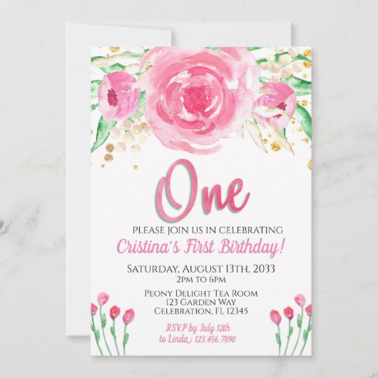 Roze pioenen betoverd chique eerste verjaardag kaart (Voorkant)