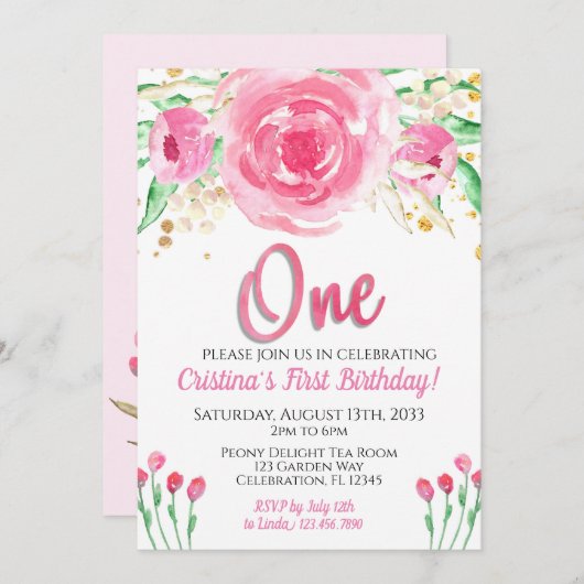 Roze pioenen betoverd chique eerste verjaardag kaart (Voorkant / Achterkant)