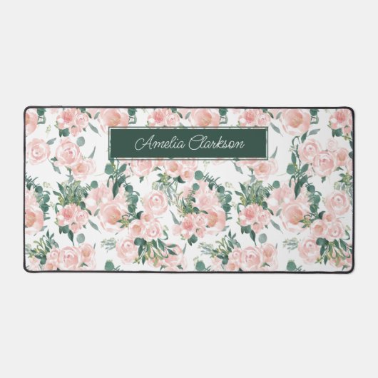 Roze Pioenen Bloemen Aangepaste Naam Bureaumat (Voorkant)