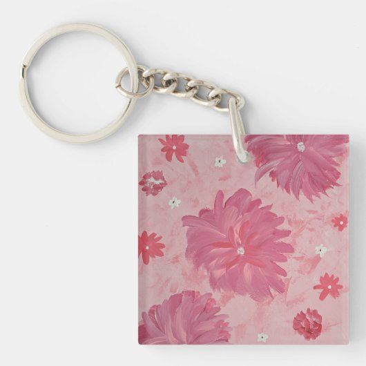 Roze Pioenen Bloemen Acryl Vierkante Sleutelhanger (Voorkant)