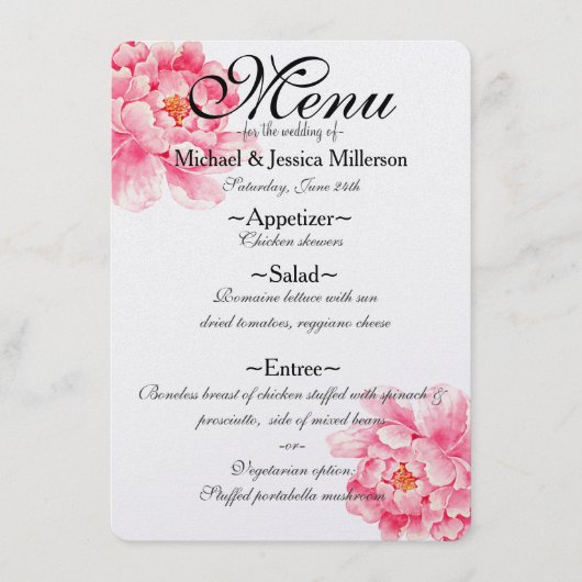 Roze Pioenen Bloemen Bruiloft Menu (Voorkant)