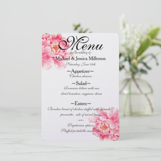 Roze Pioenen Bloemen Bruiloft Menu (Staand voorkant)