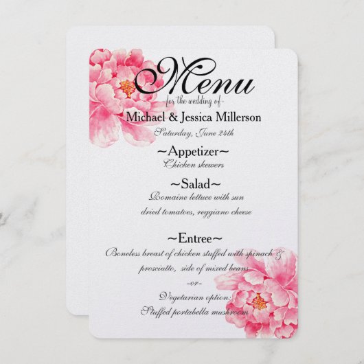 Roze Pioenen Bloemen Bruiloft Menu (Voorkant / Achterkant)