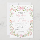 Roze pioenen Bloemen Krans Bow Baby Meisje Douche Kaart (Voorkant)