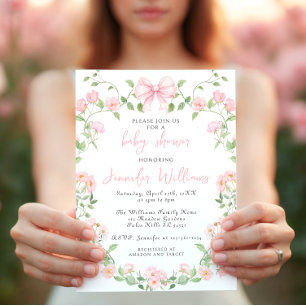 Roze pioenen Bloemen Krans Bow Baby Meisje Douche Kaart