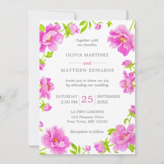 Roze Pioenen Bloemen Magenta Bruiloft Uitnodiging (Voorkant)