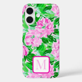 Roze pioenen bloemen patroon monogram iPhone 16 hoesje
