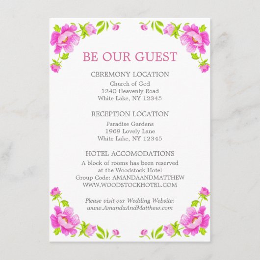 Roze Pioenen Bloemen Zilver Bruiloft Informatie Informatiekaartje (Voorkant)