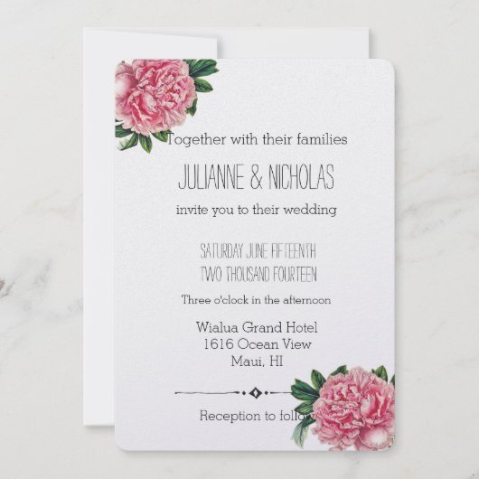 Roze Pioenen Bloemenbruiloft Kaart (Voorkant)