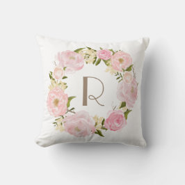 Roze pioenen Bloemenkrans Monogram Kussen